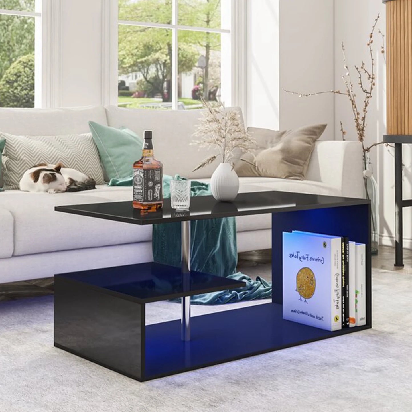 High Gloss Black Coffee Table with LED Lights Open Shelf Smart APP Control S Shaped Modern Sofa Side End Table for Living Room