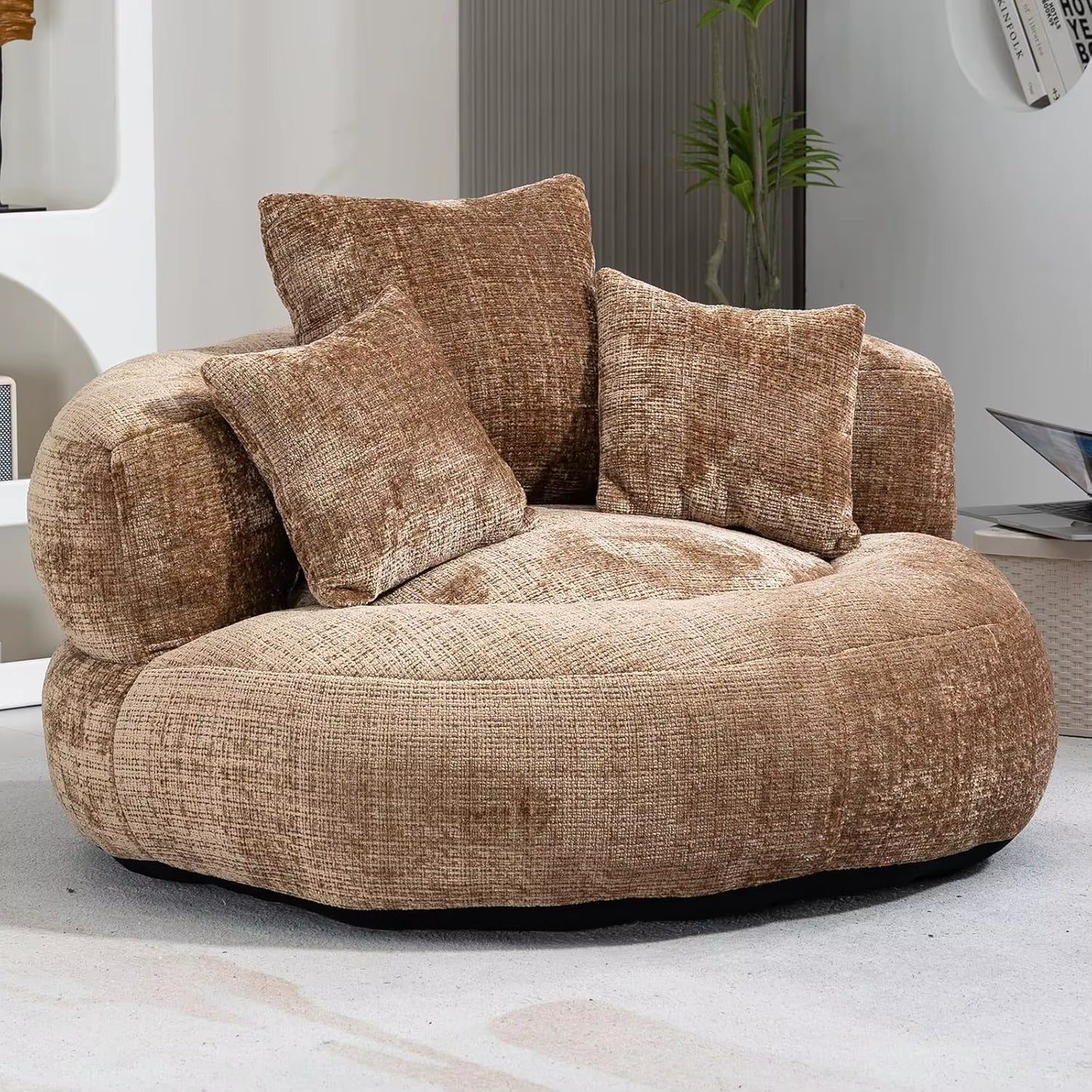 Round Bean Bag Chair for Adult, Chenille Upholstered Bean Bag Sofa, Giant Bean Bag Couch with Thick Cushion, Stuffed Lazy Sofa