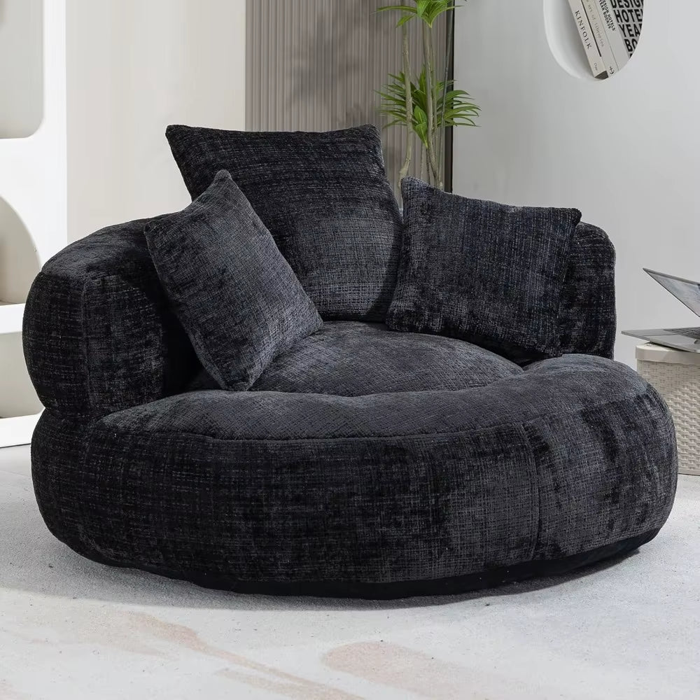 Round Bean Bag Chair for Adult, Chenille Upholstered Bean Bag Sofa, Giant Bean Bag Couch with Thick Cushion, Stuffed Lazy Sofa