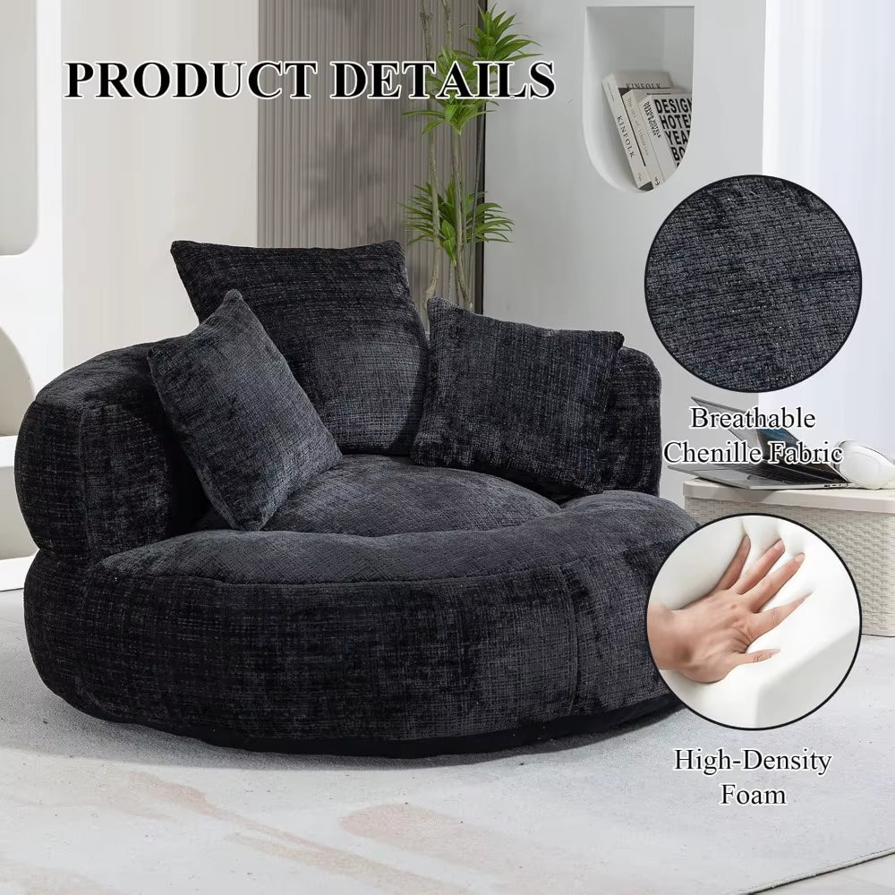 Round Bean Bag Chair for Adult, Chenille Upholstered Bean Bag Sofa, Giant Bean Bag Couch with Thick Cushion, Stuffed Lazy Sofa