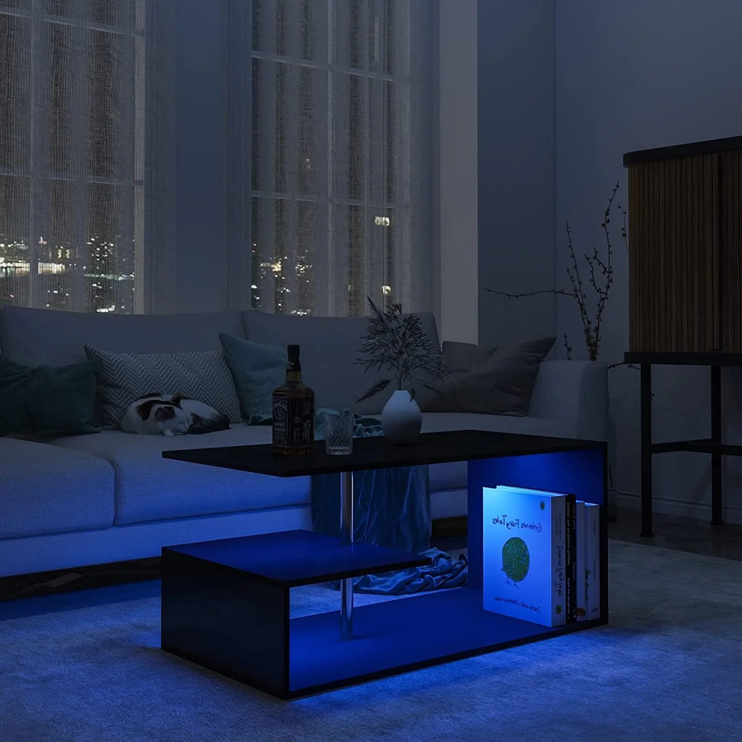 High Gloss Black Coffee Table with LED Lights Open Shelf Smart APP Control S Shaped Modern Sofa Side End Table for Living Room