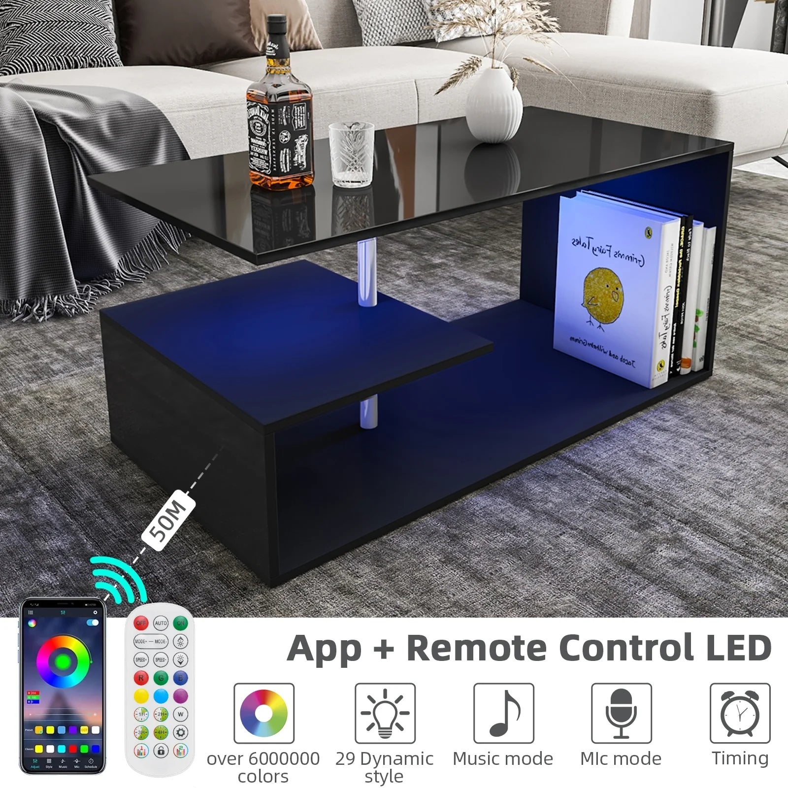High Gloss Black Coffee Table with LED Lights Open Shelf Smart APP Control S Shaped Modern Sofa Side End Table for Living Room