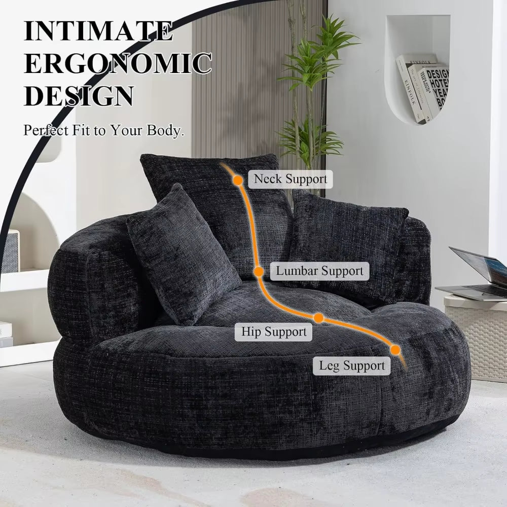 Round Bean Bag Chair for Adult, Chenille Upholstered Bean Bag Sofa, Giant Bean Bag Couch with Thick Cushion, Stuffed Lazy Sofa