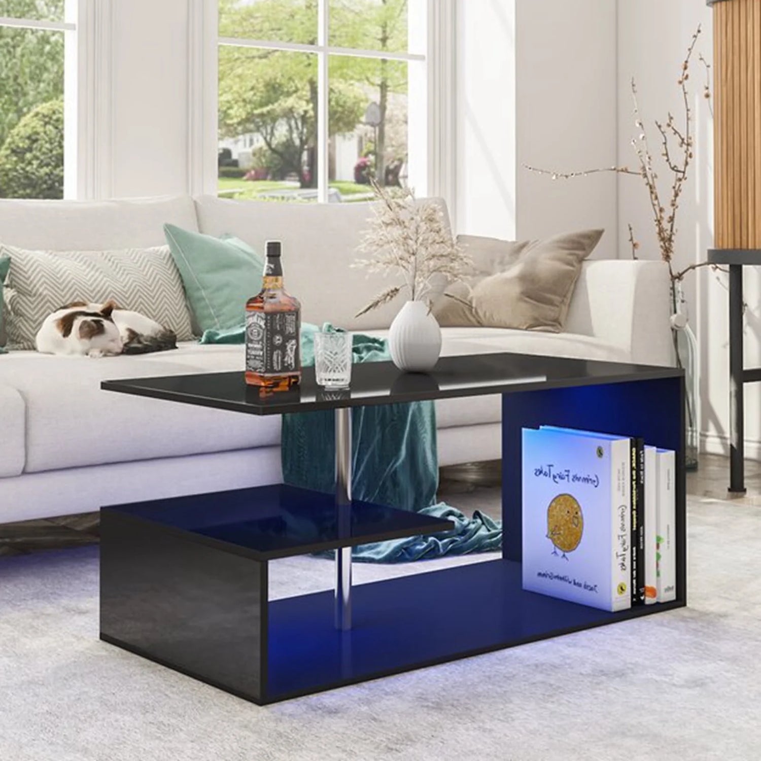 High Gloss Black Coffee Table with LED Lights Open Shelf Smart APP Control S Shaped Modern Sofa Side End Table for Living Room