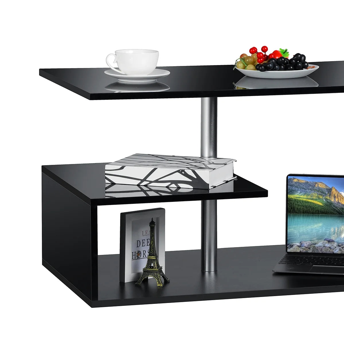 High Gloss Black Coffee Table with LED Lights Open Shelf Smart APP Control S Shaped Modern Sofa Side End Table for Living Room