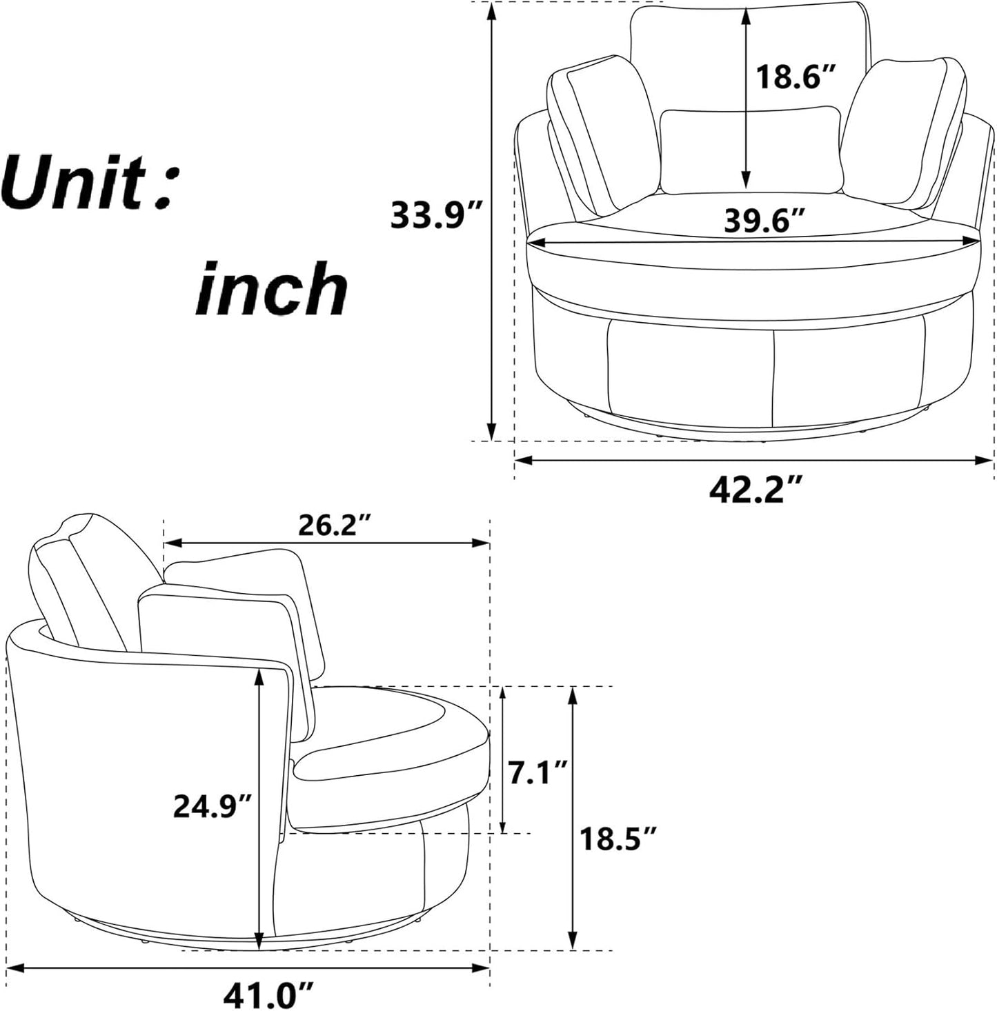 42" W Swivel Accent Barrel Chair Wide Chair Body with 4 Pillows for Living Room or Bedroom Hotel Lounge Club round Chair Modern Sofa (Black-Pro)
