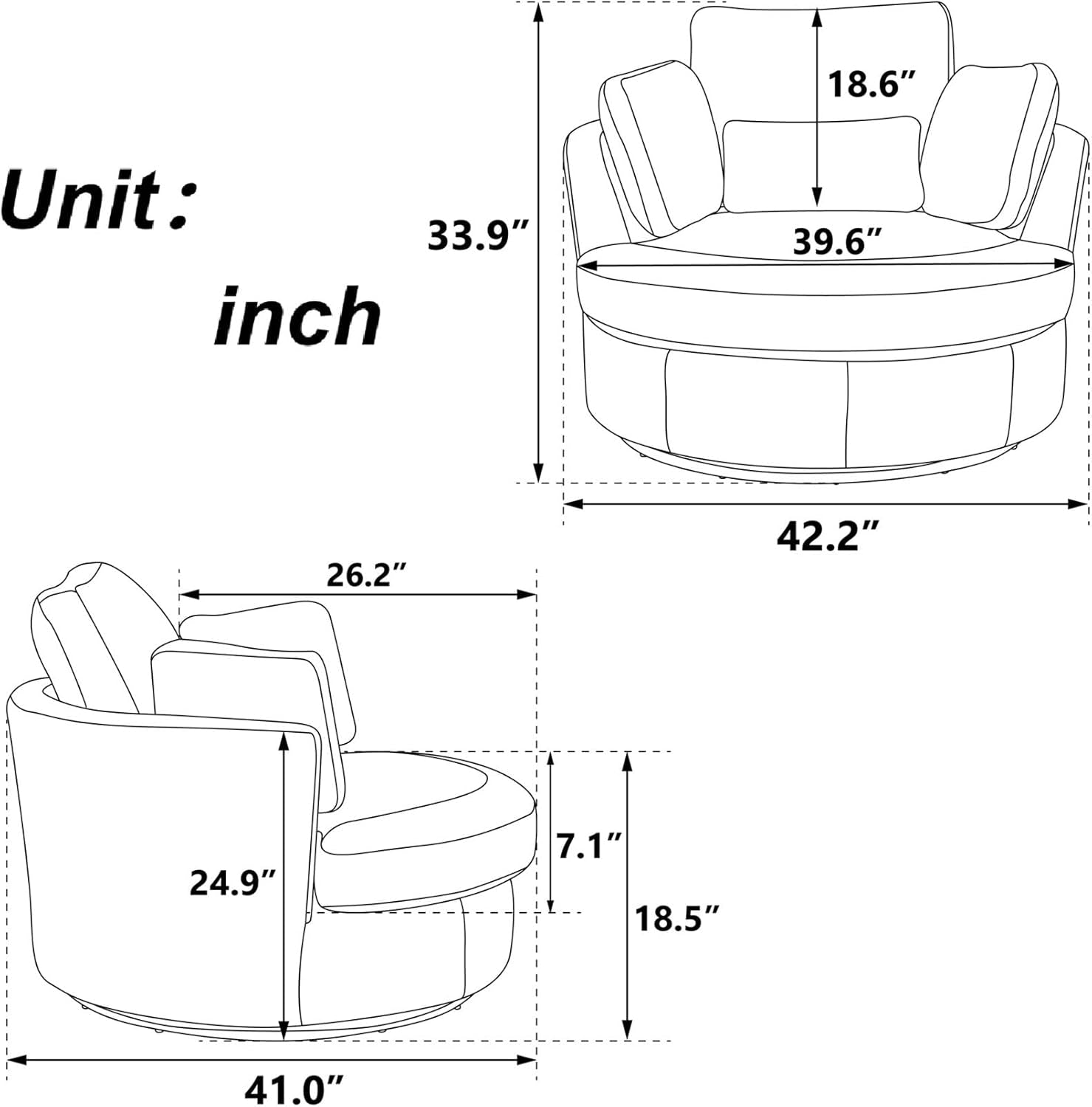42" W Swivel Accent Barrel Chair Wide Chair Body with 4 Pillows for Living Room or Bedroom Hotel Lounge Club round Chair Modern Sofa (Black-Pro)