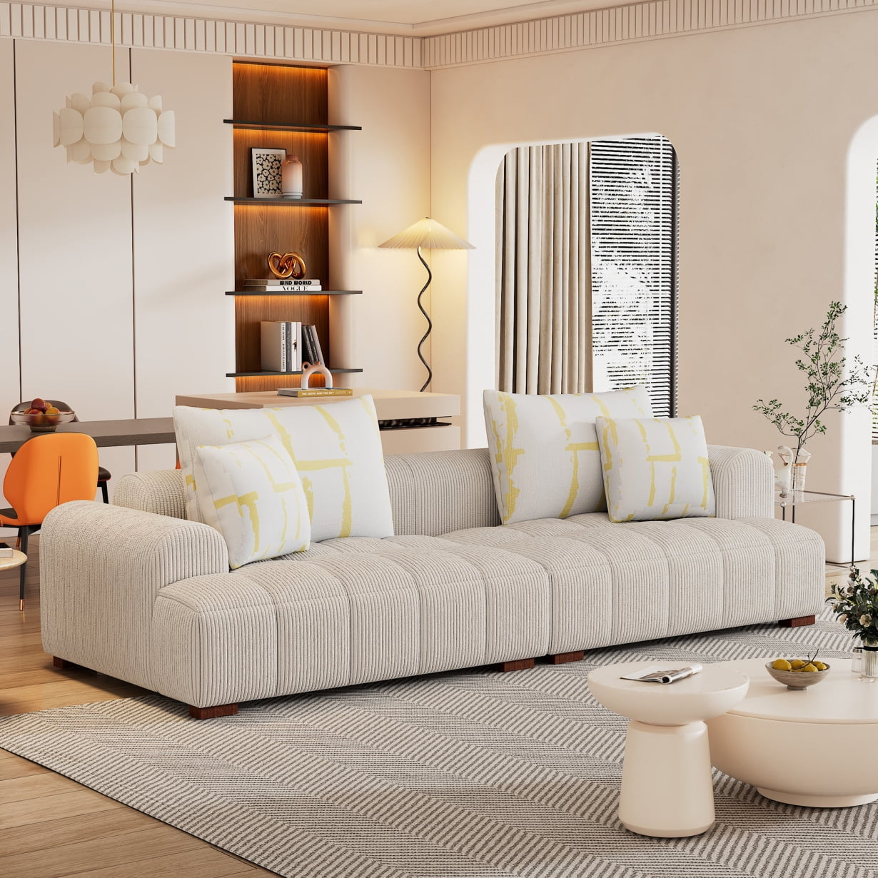 103.9" Sofa Couch, Modern Corduroy Upholstered Couch Tufted Casual Sofa with 4 Pillows and with Rubber Wood Legs, Big Comfy Couch Sofas for Living Room, Bedroom, Office, Beige
