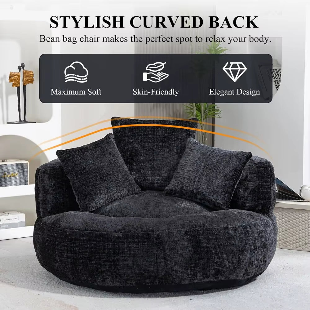 Round Bean Bag Chair for Adult, Chenille Upholstered Bean Bag Sofa, Giant Bean Bag Couch with Thick Cushion, Stuffed Lazy Sofa