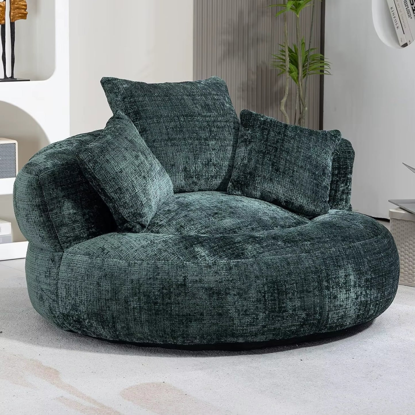 Round Bean Bag Chair for Adult, Chenille Upholstered Bean Bag Sofa, Giant Bean Bag Couch with Thick Cushion, Stuffed Lazy Sofa