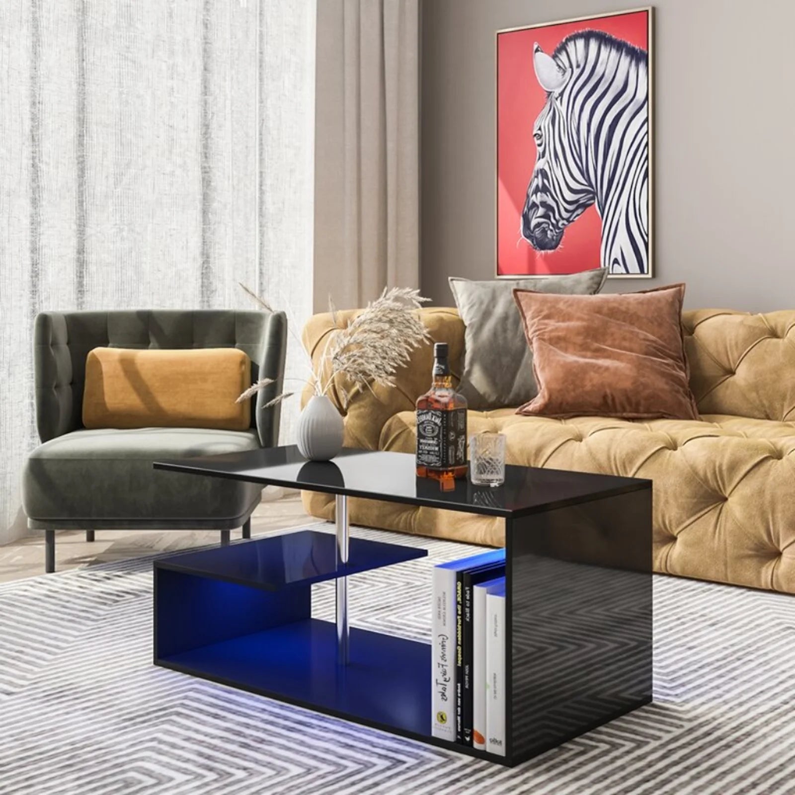 High Gloss Black Coffee Table with LED Lights Open Shelf Smart APP Control S Shaped Modern Sofa Side End Table for Living Room