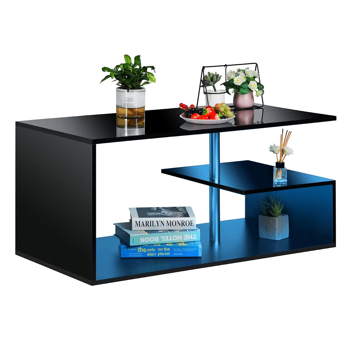 High Gloss Black Coffee Table with LED Lights Open Shelf Smart APP Control S Shaped Modern Sofa Side End Table for Living Room