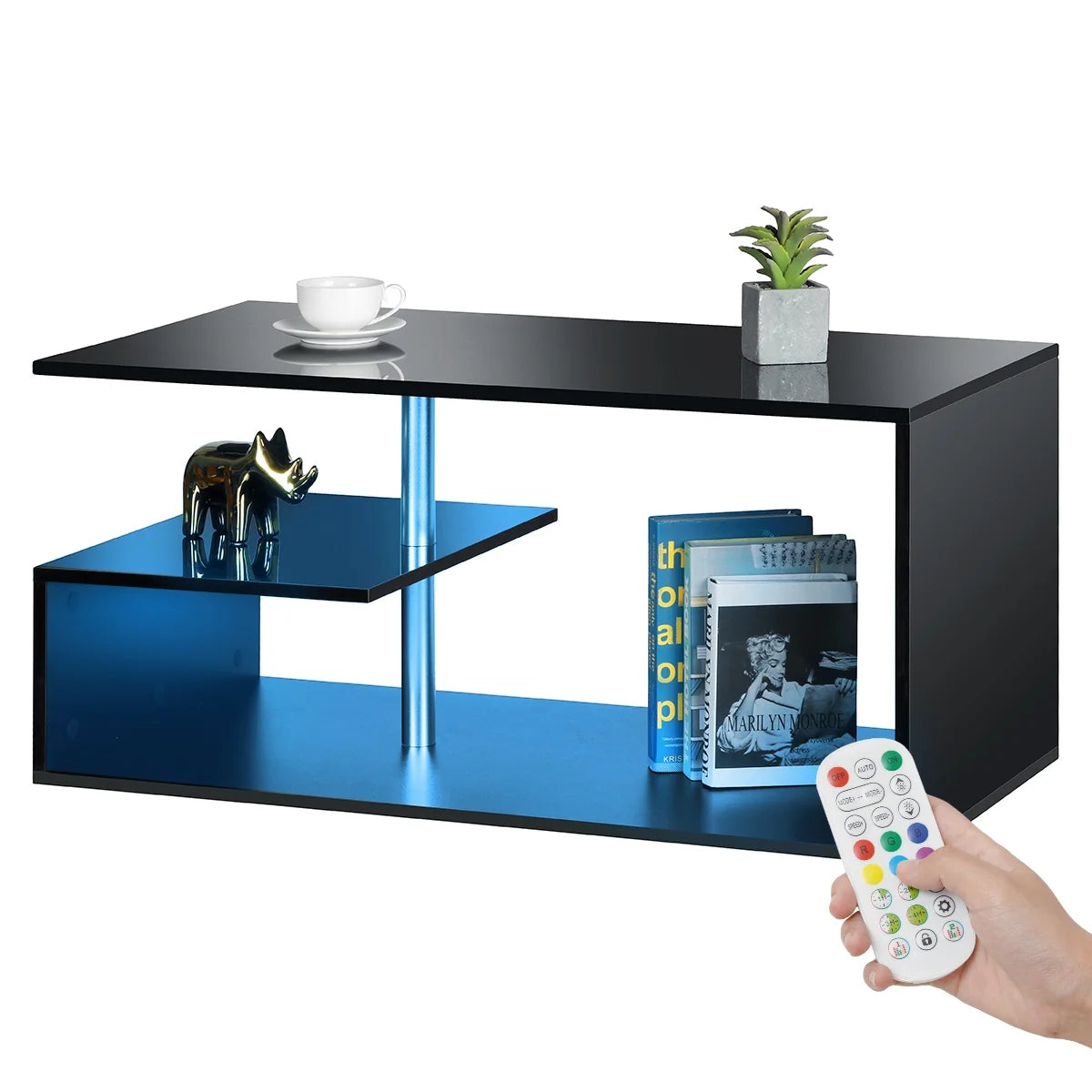High Gloss Black Coffee Table with LED Lights Open Shelf Smart APP Control S Shaped Modern Sofa Side End Table for Living Room
