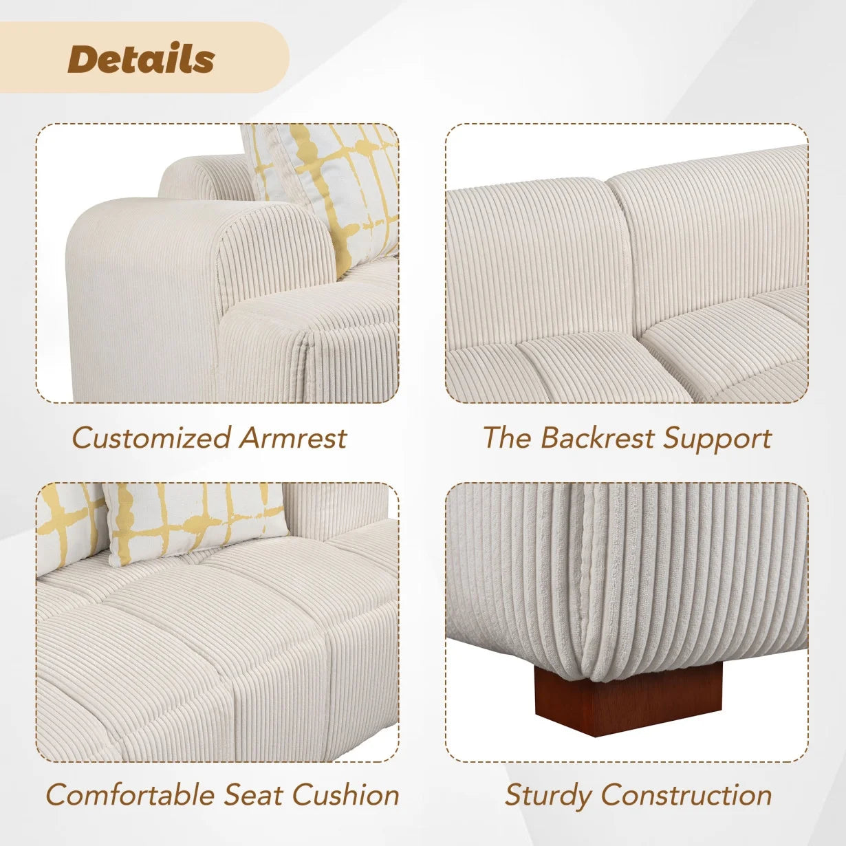 103.9" Sofa Couch, Modern Corduroy Upholstered Couch Tufted Casual Sofa with 4 Pillows and with Rubber Wood Legs, Big Comfy Couch Sofas for Living Room, Bedroom, Office, Beige