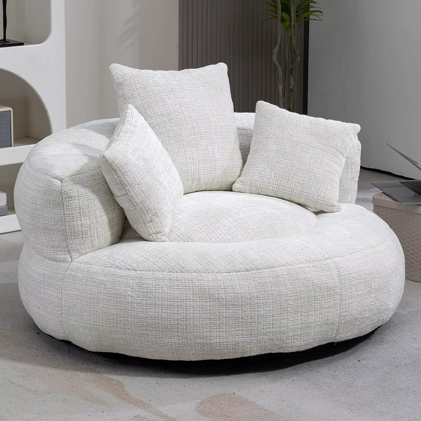 Round Bean Bag Chair for Adult, Chenille Upholstered Bean Bag Sofa, Giant Bean Bag Couch with Thick Cushion, Stuffed Lazy Sofa