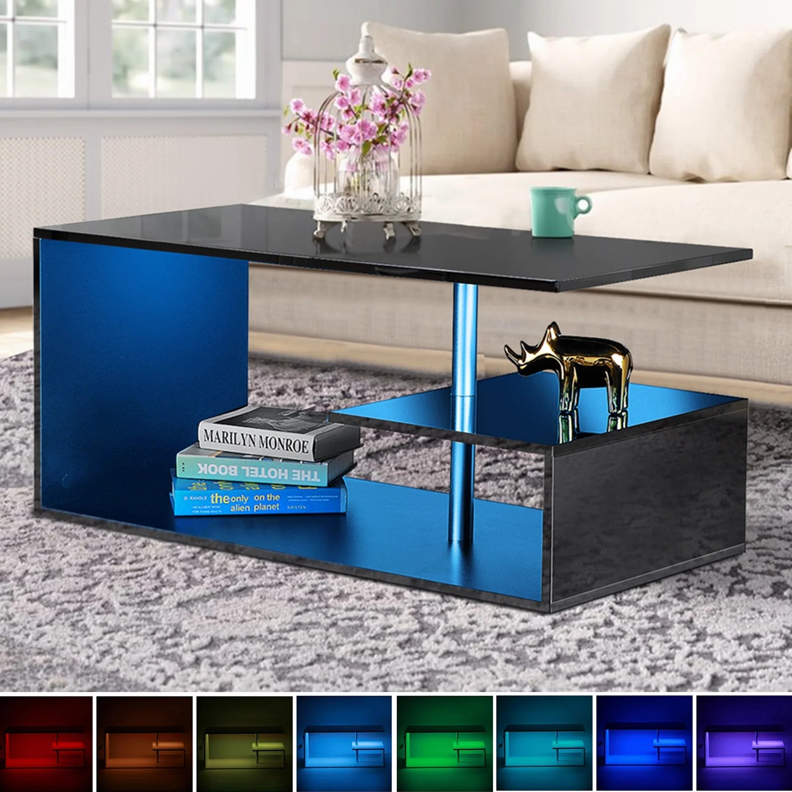High Gloss Black Coffee Table with LED Lights Open Shelf Smart APP Control S Shaped Modern Sofa Side End Table for Living Room
