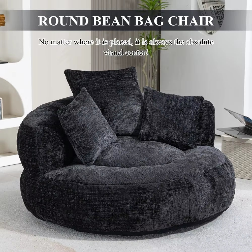 Round Bean Bag Chair for Adult, Chenille Upholstered Bean Bag Sofa, Giant Bean Bag Couch with Thick Cushion, Stuffed Lazy Sofa