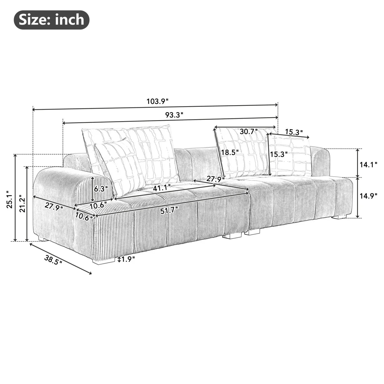 103.9" Sofa Couch, Modern Corduroy Upholstered Couch Tufted Casual Sofa with 4 Pillows and with Rubber Wood Legs, Big Comfy Couch Sofas for Living Room, Bedroom, Office, Beige
