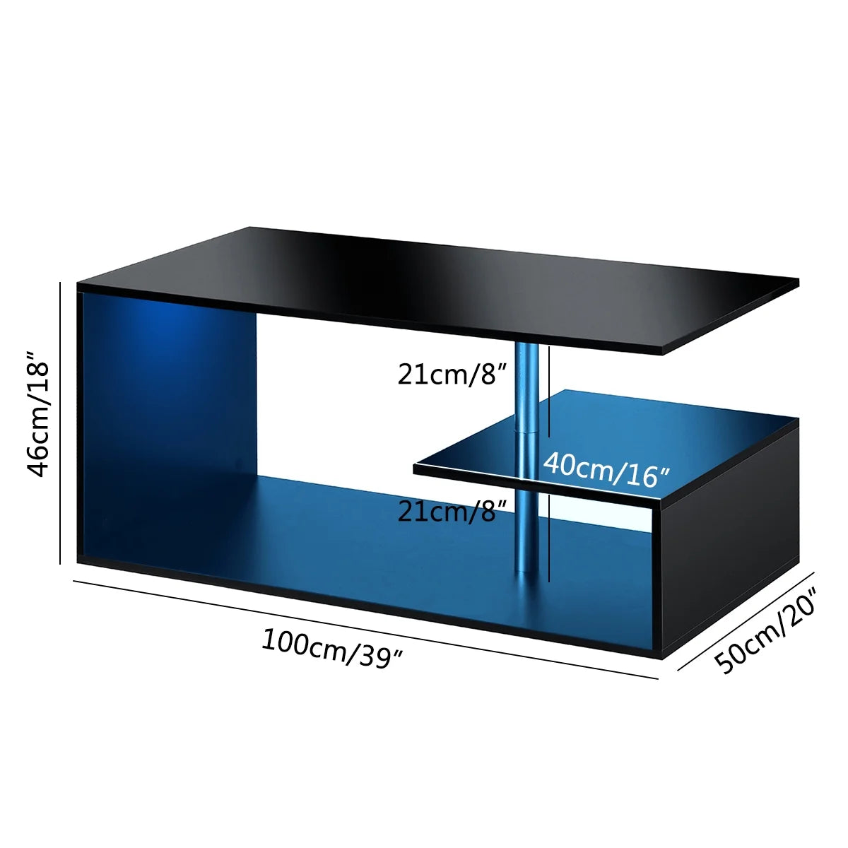 High Gloss Black Coffee Table with LED Lights Open Shelf Smart APP Control S Shaped Modern Sofa Side End Table for Living Room
