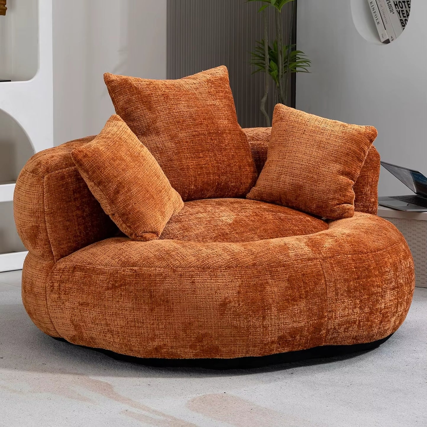 Round Bean Bag Chair for Adult, Chenille Upholstered Bean Bag Sofa, Giant Bean Bag Couch with Thick Cushion, Stuffed Lazy Sofa