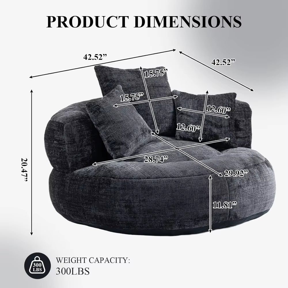 Round Bean Bag Chair for Adult, Chenille Upholstered Bean Bag Sofa, Giant Bean Bag Couch with Thick Cushion, Stuffed Lazy Sofa