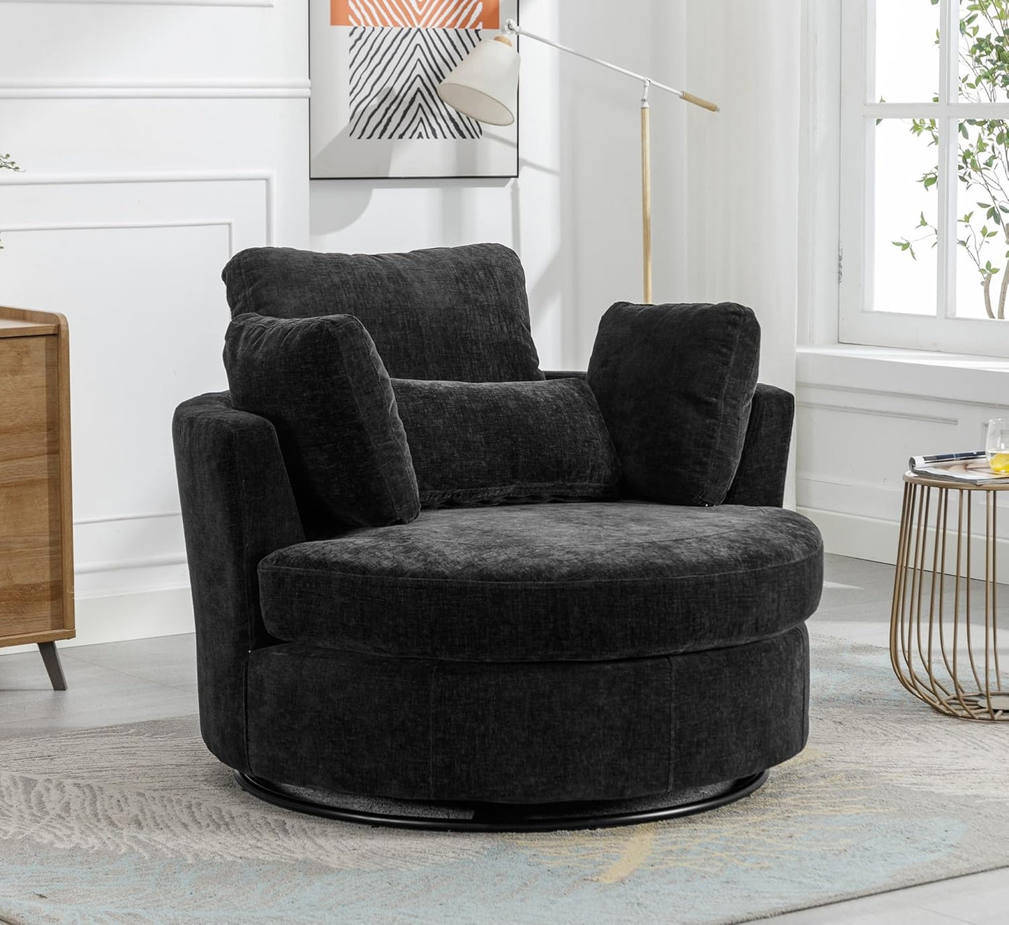 42" W Swivel Accent Barrel Chair Wide Chair Body with 4 Pillows for Living Room or Bedroom Hotel Lounge Club round Chair Modern Sofa (Black-Pro)