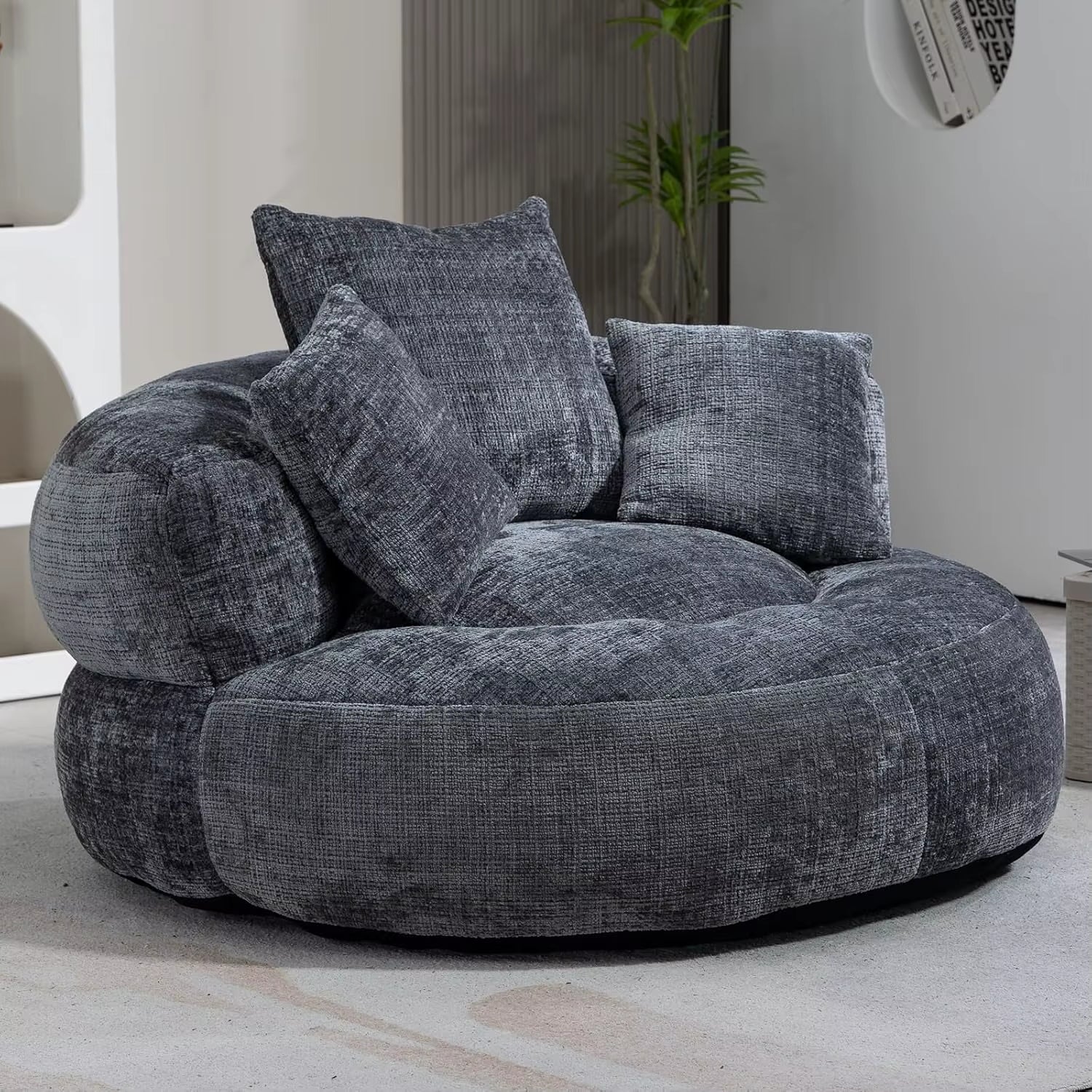 Round Bean Bag Chair for Adult, Chenille Upholstered Bean Bag Sofa, Giant Bean Bag Couch with Thick Cushion, Stuffed Lazy Sofa